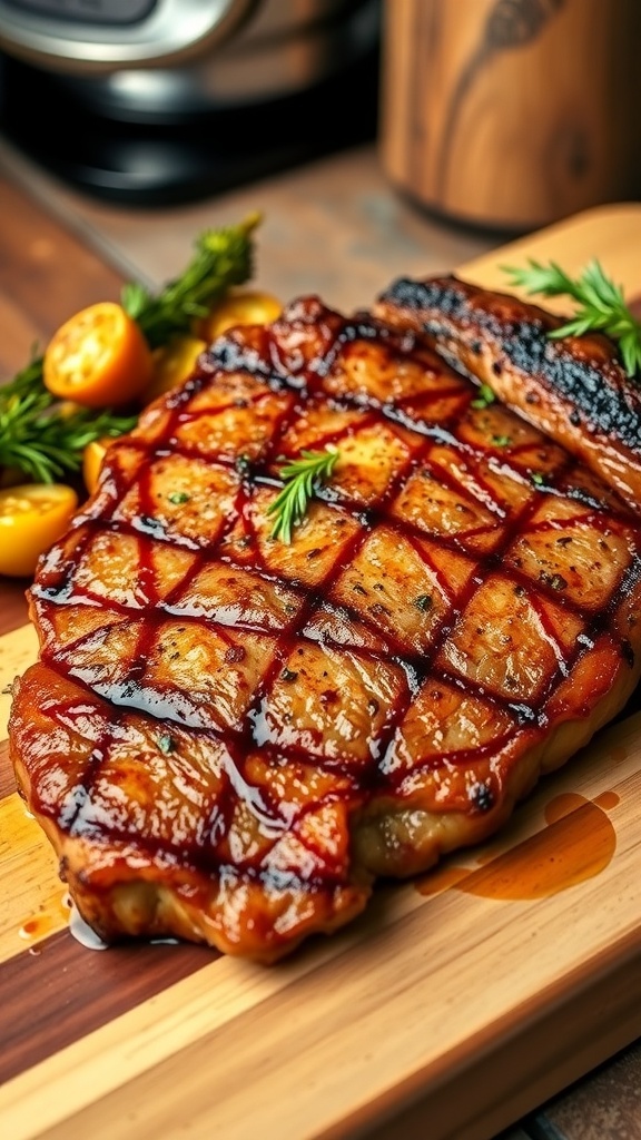 A rare steak with a golden crust on a cutting board, garnished with herbs and served with roasted vegetables.